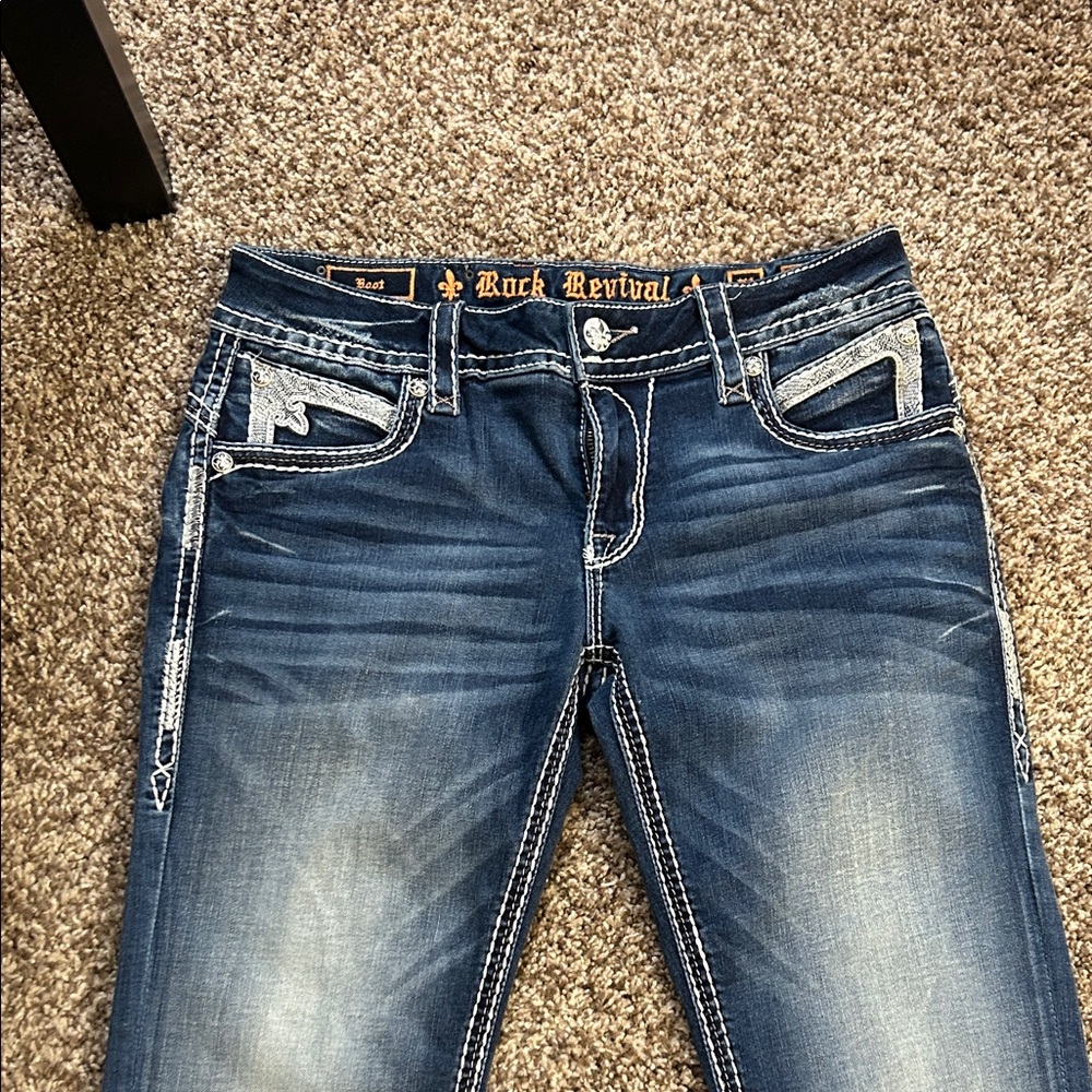 Rock Revival Women's Dark Blue Boot Cut Jeans with Contrast Stitching
